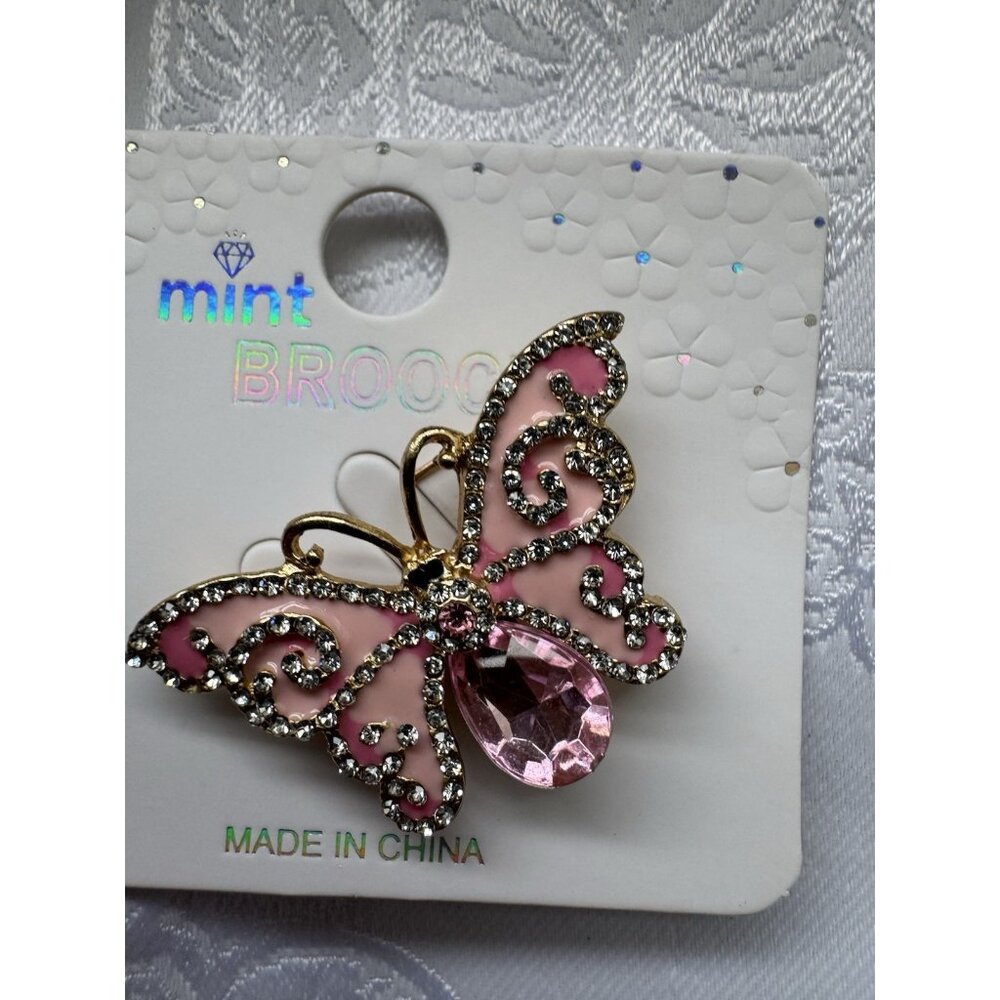 Mint Enamel Rhinestone Butterfly Brooch Pink Silver Gold 1.2" NEW